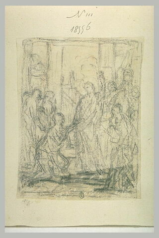 Foule entourant une figure à genoux devant le Christ : miracle du Christ (?)