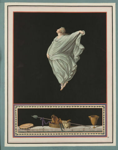 Jeune fille volant, vêtue d'un manteau vert ; corne, vases, lance