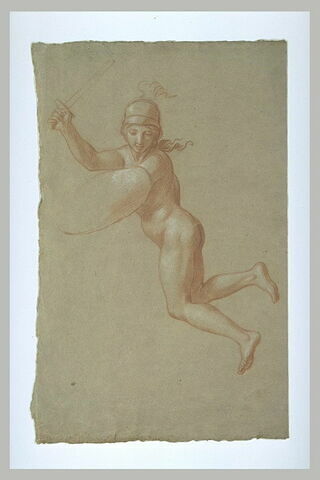 Femme nue, casquée, volant dans les airs