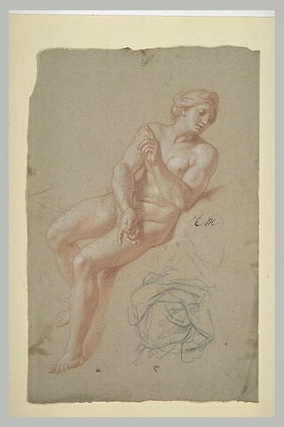 Femme nue, assise : la Prévoyance ; draperie