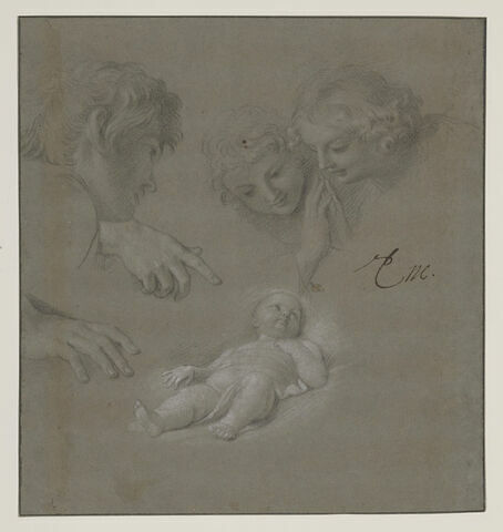 Enfant Jésus, deux anges, un berger