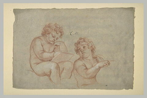 Deux enfants ; l'un assis, dessinant, l'autre vu à mi-jambes, image 2/2