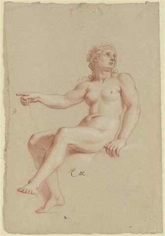 Femme nue, assise, tournée à gauche, regardant à droite