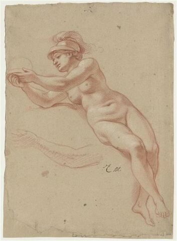 Femme nue, casquée, à demi-assise : Minerve ; reprise du bras