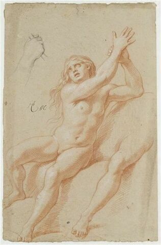 Femme nue, assise, les deux bras levés