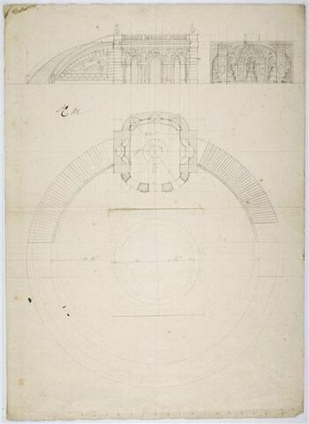 Plan, élévation et coupe d'une grotte avec fontaines