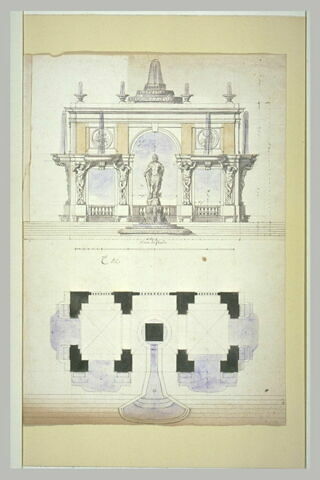 Elévation et plan d'un pavillon, avec statue royale