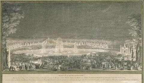 La grande illumination du parc de Versailles lors des fêtes du mariage du Dauphin Louis XVI et de l'archiduchesse d'Autriche Marie-Antoinette, le 19 mai 1770