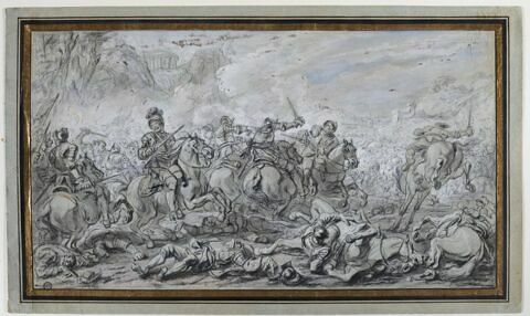 Combat de cavaliers dans un paysage montagneux ; à gauche un temple..., image 3/3