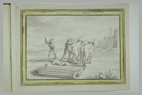 Supplice de deux hommes étendus à terre, avec boeuf tirant une herse, image 2/2