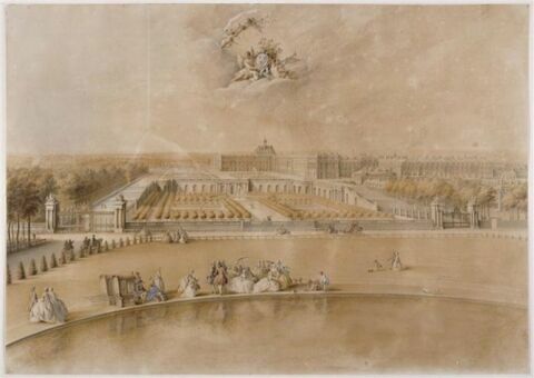 Vue de l'orangerie et du château de Versailles prise de la pièce d'eau des Suisses..