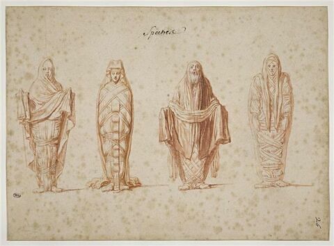 Quatre spectres, le corps entouré de bandelettes, drapés dans des manteaux