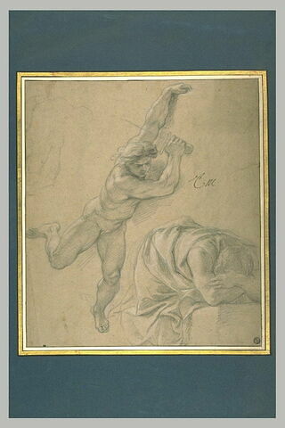 Homme nu volant dans les airs, brandissant une épée. Homme drapé,...