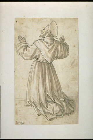 Saint franciscain à genoux, vu de trois-quarts par le dos, tourné vers la gauche, en profil  fuyant, les bras levées : Saint François recevant les stigmates ?, image 4/5