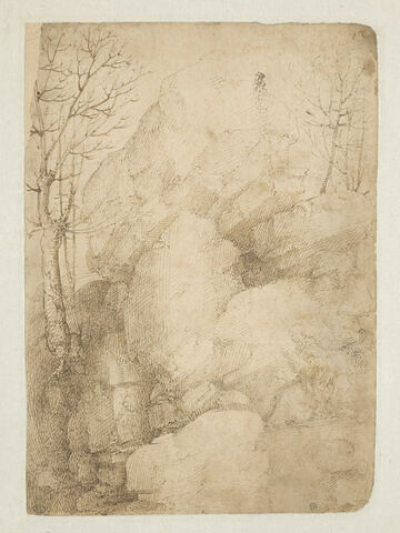 Religieux dans un paysage de bois et de rochers