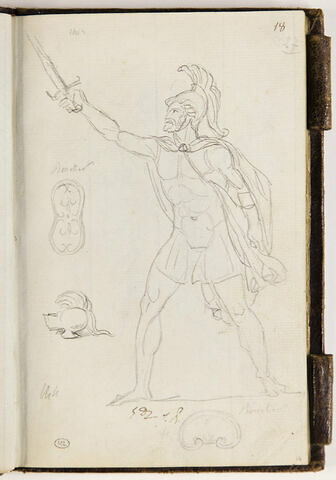 Guerrier barbu, armé ; croquis de boucliers et de casque