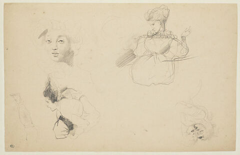 Etudes de figures :  femme assise ; femme criant, visages ; jambe ; couple