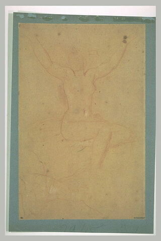 Femme nue, assise, de face, bras levés