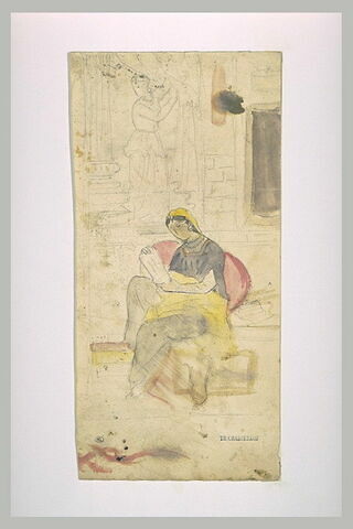 Orientale assise, lisant, avec sa servante au fond
