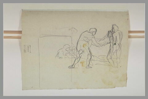 Deux hommes emportant un cadavre ; homme tenant un corps, image 2/2