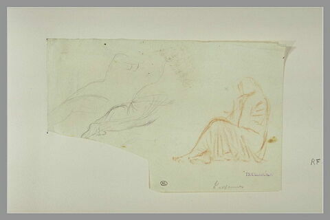 Femme assise sur le sol ; deux légers croquis de figures féminines