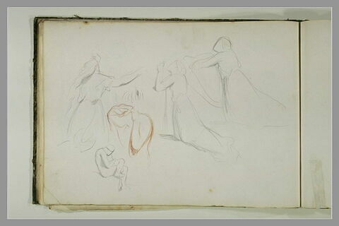 Trois figures agenouillées ; femme, en buste ; figure assise