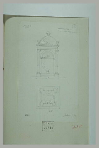 Arles : fontaine de la place des Portefaix ; élévation et plan