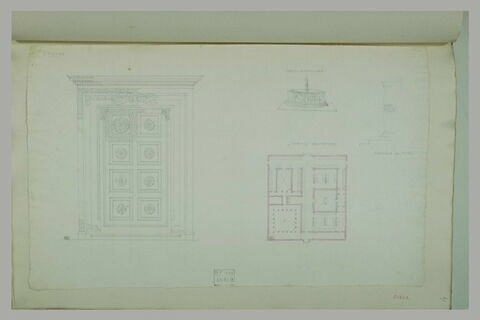 Lucques : porte ; fonds baptismaux ; plan ; fragment de sculpture