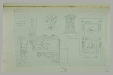 Florence : chaire, porte et détail de Santa Croce ; motif au Palazzo Vecchio