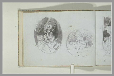 Femme assise, un enfant sur ses genoux ; enfant assis, image 2/2