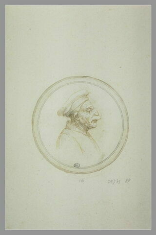 Vieil homme en buste de profil à droite, avec un bonnet rond, image 2/2