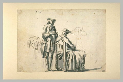 Deux hommes coiffés d'un tricorne, l'un debout lisant, l'autre assis, ...