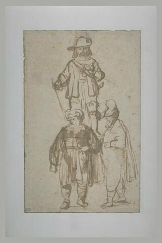 Etude de trois personnages, l'un en costume d'officier dominant les autres