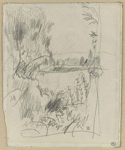 Croquis de paysage avec arbres et buissons encadrant un champ