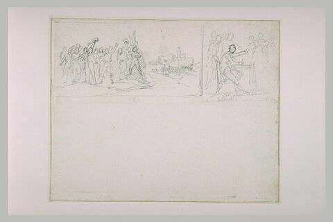 Groupe de figure devant une forteresse ; homme assis devant des figures