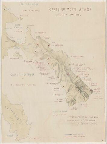 Carte du Mont Athos avec ses vingt-trois couvents