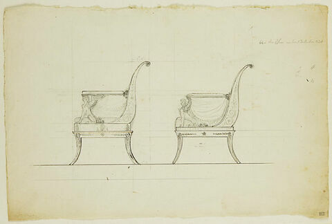 Projet de chaise avec draperies et sphinge : élévations