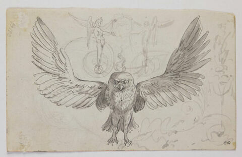 Hibou, ailes déployées, entouré de lauriers et d'arabesques