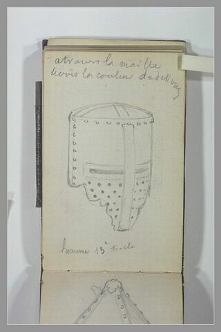 Heaume du XIIIe siècle et indication manuscrite