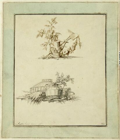 Trophées de jardinier, deux dessins sur la même feuille