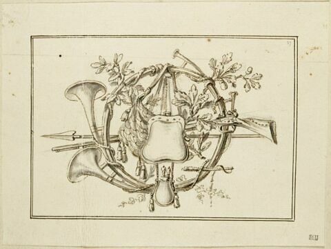 Trophée de chasse avec cors, gibecières, pique et fusil