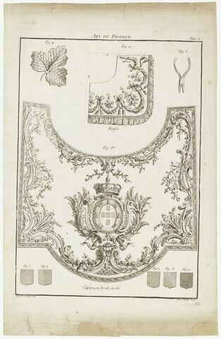 Planche décorative : caparaçon brodé et détails ornementaux (gravure)