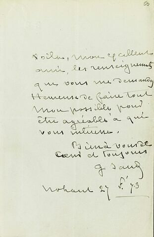 27 février 1873, Nohant, de George Sand à Adolphe Moreau