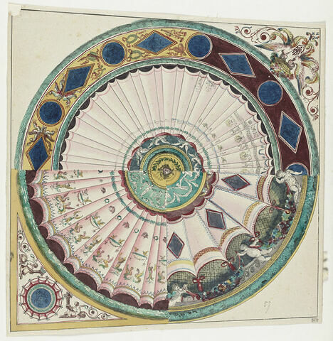 Projet pour un plafond circulaire composé de deux portes semi circulaires superposées diversement ornées : motifs décoratifs, draperies, putti soutenant une guirlande, oiseaux, etc. Deux angles ornés de sphynges, putti, cocarde multicolore