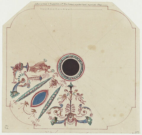 Projet pour un plafond du Palais Royal : décor inachevé avec une figure féminine ailée tenant des couronnes, masque, putti tenant des couronnes, cornes d'abondance et médaillon central circulaire sur fond brun