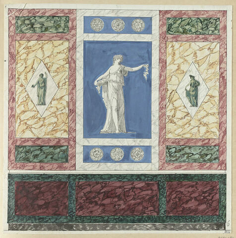 Projet de décor de boiserie avec la figure du Printemps, au centre, sur fond bleu clair. De part et d'autre, figures de femmes drapées à l'antique sur fond marbré ocre