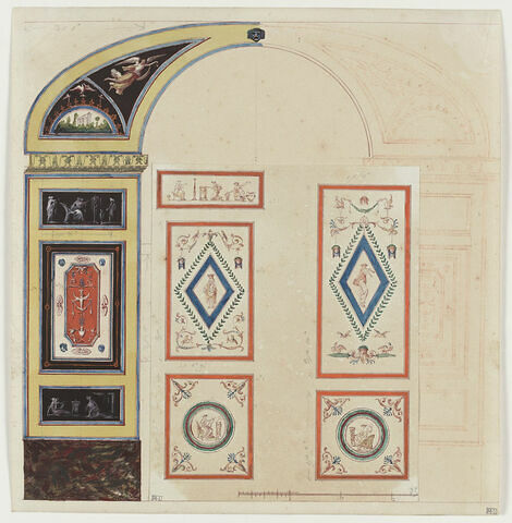 Projet de décor de boiserie inachevé avec panneau vertical orné de deux bandeaux à scènes antiques sur fond noir, de part et d'autre d'un panneau vertical avec motifs décoratifs sur fond rouge orangé