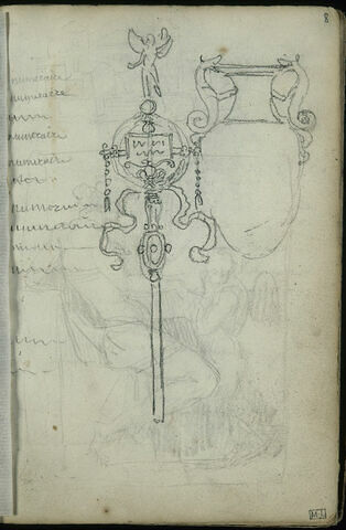 Croquis d'une enseigne surmontée d'un génie ailé et étude de vase à deux anses ; en dessous, personnage avec une courte tunique devant un amour