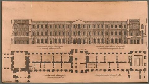 Plan et élévation du côté du Louvre qui regarde la rivière, vue de la cour à gauche en entrant