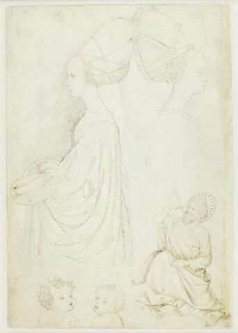 Femme de profil en costume de cour, un évangéliste et deux têtes de putti (feuille d'études)